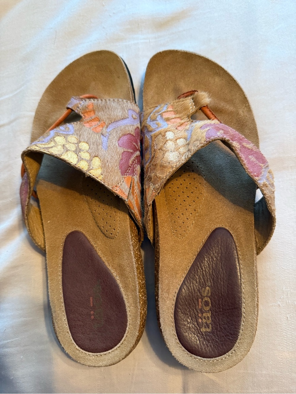 Taos Footwear Tan Suede Sandals with Purple and Orange Floral Straps